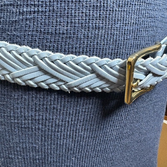 J Crew Leather Braided Sky Blue Belt with Gold Buckle - Picture 3 of 10